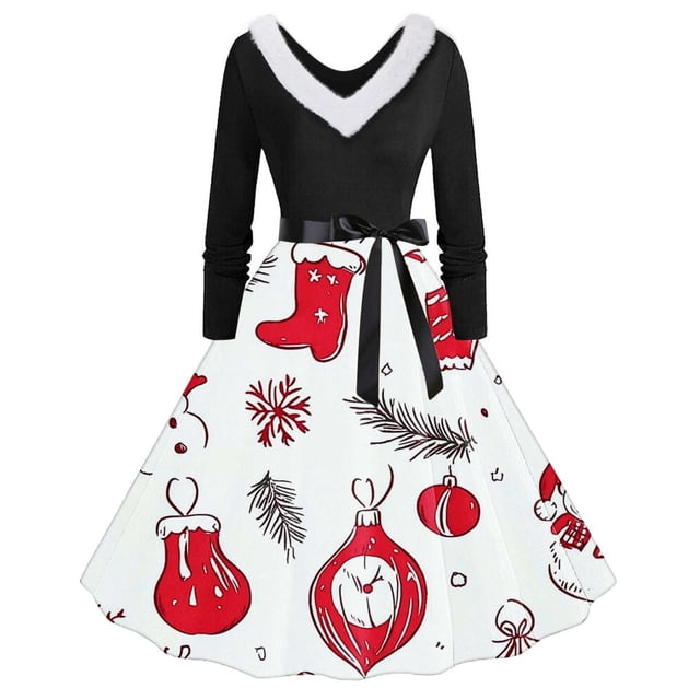 TIMIFIS Robes de Noël pour Femmes, Robes Maxi pour Femmes Robe Vintage de Vacances Manches Longues Col en V en Fourrure Robe Dos Nu