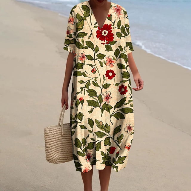 Ovzne Robes pour Femmes 2025 Robe Femme Femmes Été Poches Robes Imprimées Ample Col en V Manches Courtes Robes Robe de Vacances Manches Courtes Imprimée Liquidation
