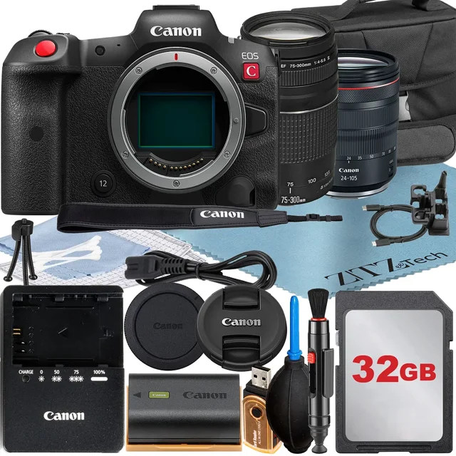 Canon EOS R5 C Appareil Photo de Cinéma Sans Miroir avec Objectif RF 24-105mm + EF 75-300mm + Carte Mémoire 32 Go + Étui + Flash LED + Ensemble d'Accessoires ZeeTech