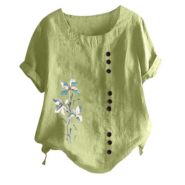 Birdeem Womens Fashion Summer Round Neck Leisure Short Sleeve Printed Buttons Tops