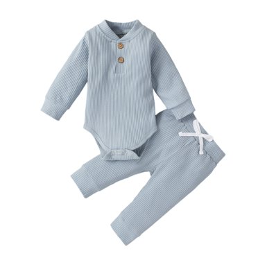 MANHUJI Clearance Newborn Fall Winter 2Pcs Outfits Baby Boy Girl Clothes Set Ribbed Outfits Unisex Infant Solid Color Long Sleeve Tops Pants Set (Blue2,90)