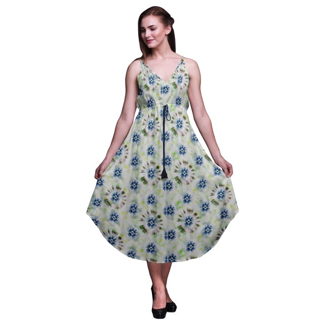 Bimba Robe Midi de Plage Imprimée Teinture sur Nœuds pour Femmes, à Bretelles, pour l'Été, Grande Taille