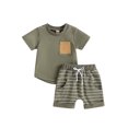 thumbnail image 1 of Kmbangi 2Pcs Bébé Enfants Garçons Shorts d'Été Ensemble, Manches Courtes Col Rond T-shirt + Short Rayé Causal Parti Tenue 0-4Y, 1 of 9