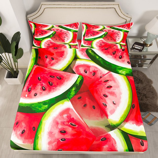 Erosebridal Watermelon Print Fitted Sheet Set Twin, 3D Fruit Theme Bed Set, 2pcs (No Top Sheet)