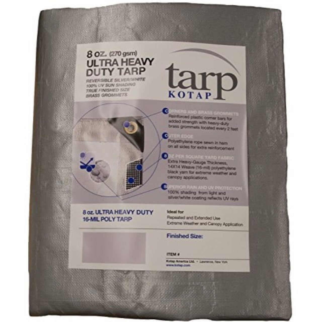 Kotap TUH-1530 Ultra Robuste 16-mil Réversible Poly Bâche avec Protection 100 % UV, 15 x 30 Pieds, Argent/blanc