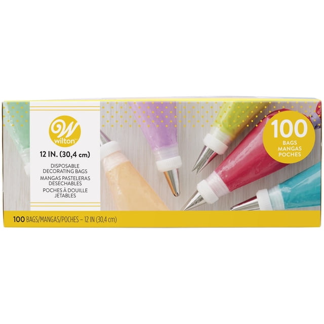 Wilton 12-Inch Disposable Cake Decorating and Pastry Bags box containing 100 tipless plastic piping bags filled with pastel icing colors including green, peach, purple, yellow, red, and blue, each fitted with metal decorating tips, suitable for baking and cake decorating.