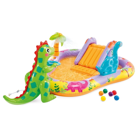 INTEX Piscine Gonflable pour Enfants Dino Park, Centre de Jeu pour Enfants avec Pulvérisateur, Glissade et Coussin d'Éclaboussures