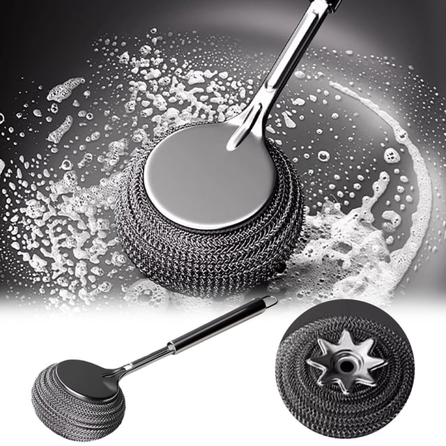 Cleaning Brush for Kitchen Cleaning - Steel Wool Scrubber Multipurpose Stainless Steel Scrubber with Long Handle and Durable Brush Head for Dishes Pots Pans Grills Cleaning