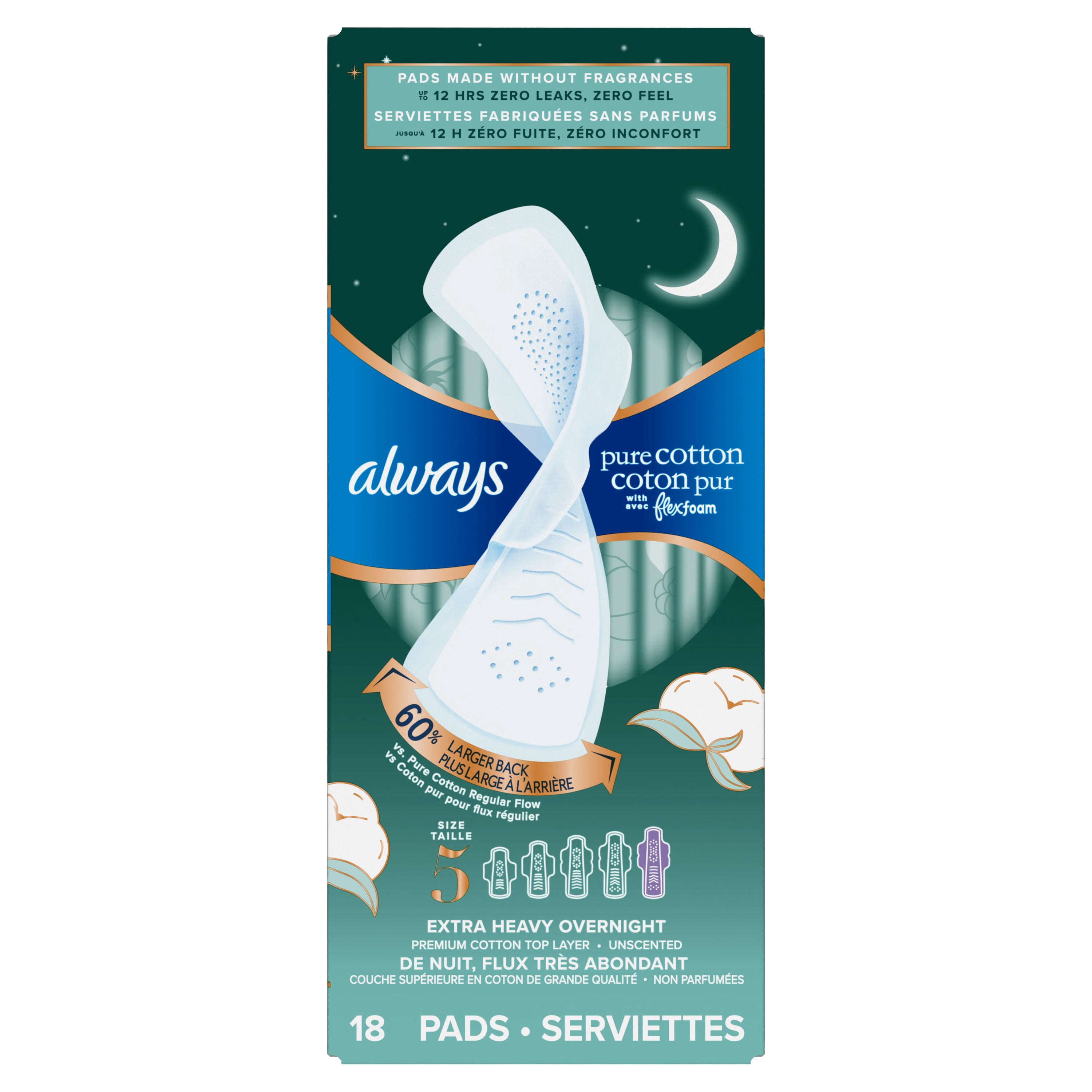 Always Coton Pur Serviettes Hygiéniques pour Femmes, Taille 5, de Nuit, Flux Très Abondant, avec Ailes, Non Parfumées