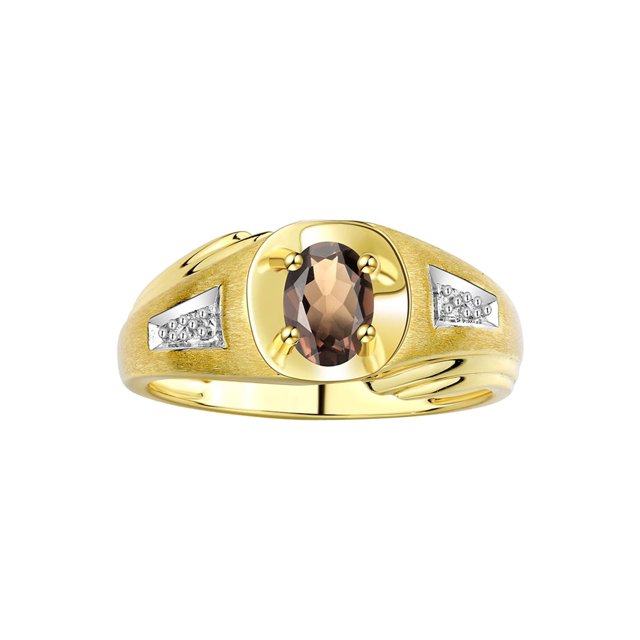 RYLOS Men's Rings 14K Yellow Gold Rings Classic Designer Style 7X5MM Oval Gemstone & Diamond Ring Smoky Quartz June Birthstone Rings For Men Size 13