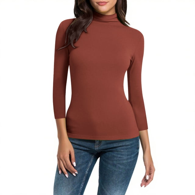 Women's Mock Neck Shirt 2025 - 3/4 Sleeve Slim Fit | Basic Layering Tee