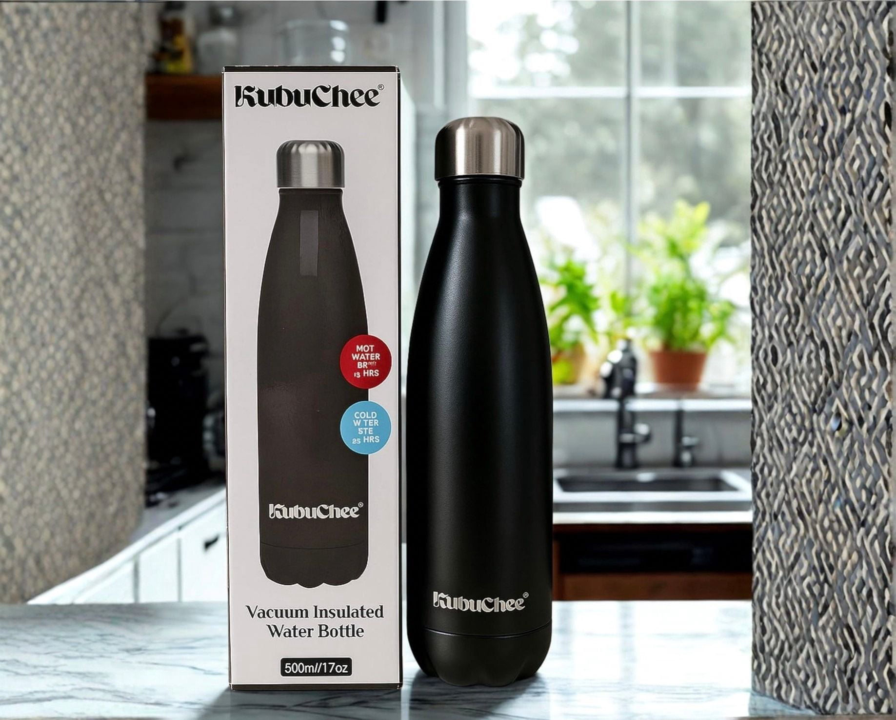 KubuChee Insulated Water Bottle, 17 oz Stainless Steel Water Bottles, Double Wall Vacuum Reusable Water Bottles Leak Proof BPA-Free Sports Bottle Cup Keep Hot&Cold for Running Gym Workout-Black
