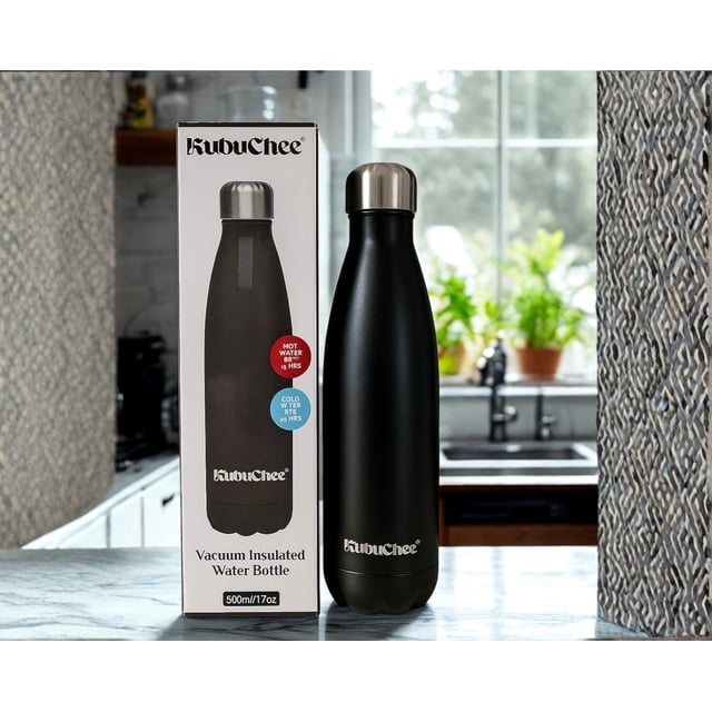 KubuChee Insulated Water Bottle, 17 oz Stainless Steel Water Bottles, Double Wall Vacuum Reusable Water Bottles Leak Proof BPA-Free Sports Bottle Cup Keep Hot&Cold for Running Gym Workout-Black