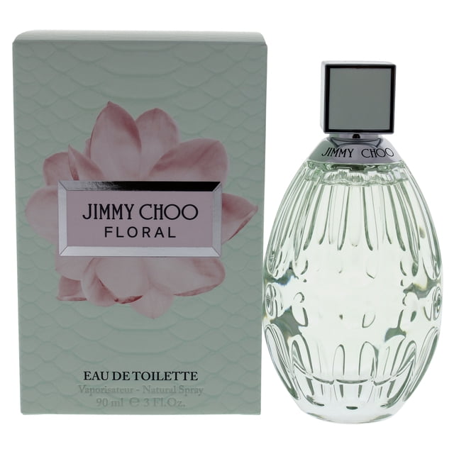 Floral par Jimmy Choo pour Femmes - Vaporisateur EDT 3 oz, un Parfum Floral Fruité Lancé en 2019. le Parfum Présente des notes d'Huile de Bambou Bergamote, de nectarine, d'Huile de Mandarine, d'Huile de Fleur de magnolia, de Pois Sucrés, de Fleur d'Abricot et de Musc. l'Image Montre une Bouteille en Verre Transparente de 90 ml (3 oz), Texturée, avec un Bouchon Carré Argenté, Placée à Côté de Sa Boîte Vert pastel Ornée d'Un Motif Floral Rose et du logo Jimmy