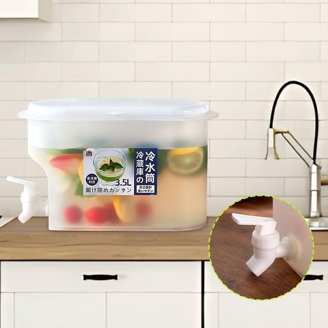 Plastic Beverage Dispenser Lemonade Dispenser Drink Pitcher for Parties, featuring a 3.5L capacity with a spout and lid. The transparent container is shown on a kitchen countertop, filled with water, fruit slices, and ice. A close-up inset highlights the white spigot for easy dispensing. Designed for fridge storage, it is ideal for serving cold beverages like iced tea, lemonade, or juice at gatherings or daily use.