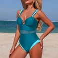 thumbnail image 2 of OHMZYZO Womens One Piece Swimsuit Mesh Panel Contrast Trim V Neck Ruched Tummy Control Bathing Suit For Beach Swimming Pool Vacation, 2 of 7