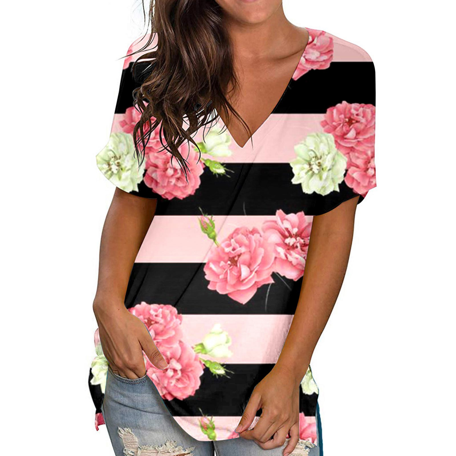 Débardeurs Grande Taille pour Femmes Col Rond Imprimé T-Shirts Manches Courtes Blouse Ample Col en V T-Shirt Femmes en Solde