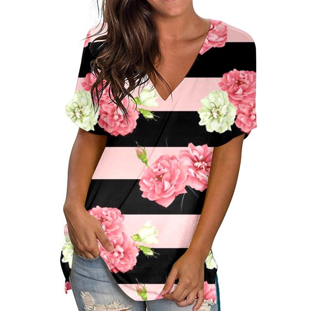 Débardeurs Grande Taille pour Femmes Col Rond Imprimé T-Shirts Manches Courtes Blouse Ample Col en V T-Shirt Femmes en Solde