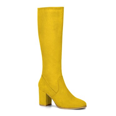Unique Bargains Women's Side Zipper Chunky Heel Knee High Boots Yellow US 6