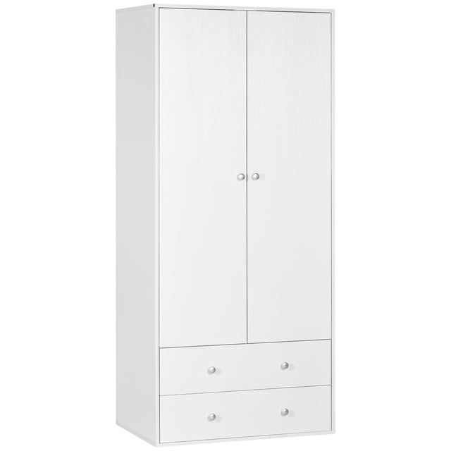 HOMCOM Garde-Robe, Armoire avec Tiroirs et Tringle pour Chambre, Garde-Robe Blanche à Double Porte Orientée vers l'Avant avec Tringle à Vêtements en Métal dans le Compartiment Principal, Deux Tiroirs Coulissants avec Glissières sous le Placard, construction en Panneau de Particules et Conception Anti-Basculement, 31.1 Pouces L x 19.7 Pouces P x 70.9 Pouces H; Utilisée Souvent pour le Rangement de Vêtements de Chambre Ou de Linge compact.