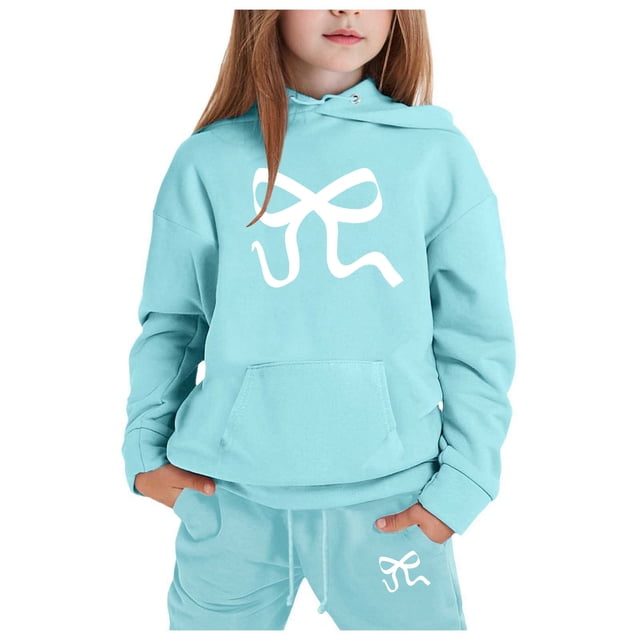 GDREDA Girls Sets 2 Piece Outfits Spring Children's Hoodie Set With Bow Print Mint Green,6-7years
