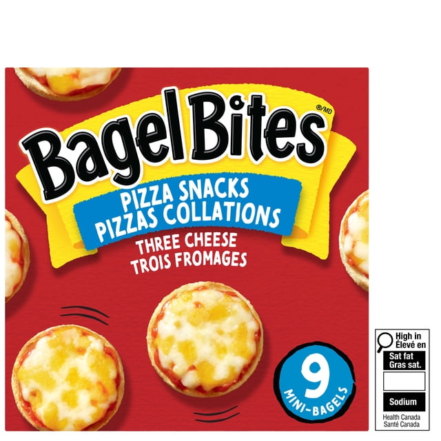Bagel Bites Three Cheese Frozen Pizza Snacks 9 count box with nine mini bagels topped with melted mozzarella, cheddar, and Monterey Jack cheese blend on tomato sauce, displayed on a red background with bilingual text and a Health Canada nutrition label, ideal for quick frozen snack preparation.