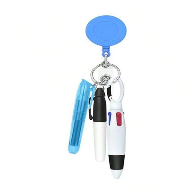 LNGOOR Ensemble de 1 Ensemble de Stylos pour Infirmière Comprend 1 Pce Surligneur à Pointe 1 Pce Marqueur Permanent et 1 Pce Paquet de Stylos à Bille Rétractables avec 1 Pce Pince pour Badge d'Infirmière Dévidoirs Rétractables pour Nom d'Identité