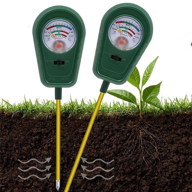 TopLLC Tools&Home Improvement Three-in-one Land Tester Fertility Humidity PH PH Tester Pointer Land Fertility Meter with a green casing and gold probe inserted into soil. The device measures soil fertility, moisture, and pH levels, aiding in garden health monitoring. A plant is visible nearby.