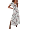 thumbnail image 1 of UPPADA Robe Maxi à Col en V pour Femme, Imprimé Floral, Robe d'Été Décontractée à Manches Courtes, Style Bohème, Robe de Plage avec Fente Latérale, Robe de Cocktail pour Fête, Longues Robes pour Femme Été Blanc, m, 1 of 3