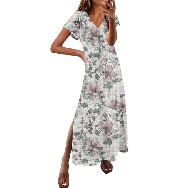 UPPADA Robe Maxi à Col en V pour Femme, Imprimé Floral, Robe d'Été Décontractée à Manches Courtes, Style Bohème, Robe de Plage avec Fente Latérale, Robe de Cocktail pour Fête, Longues Robes pour Femme Été Blanc, m