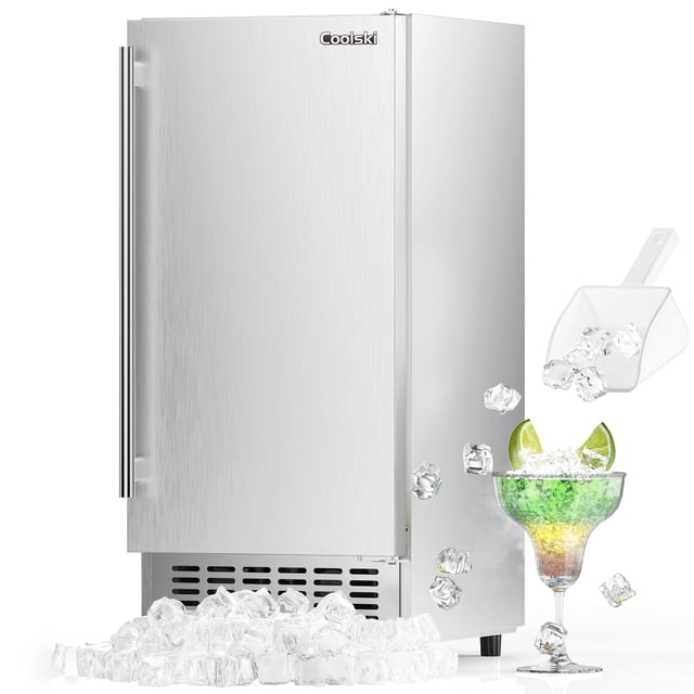 Coolski Machine Commerciale de Fabrication de Glace sous Comptoir de 15 Pouces L avec Fini en Acier Inoxydable, Conçue pour une Utilisation Intégrée Ou Autoportante. Produit jusqu'à 80 Lb de Glace par Jour et Range 30 Lb. les Caractéristiques Incluent des Tailles de Glaçons Personnalisables, une Fonction d'Auto-nettoyage et un Panneau de Commande LCD Convivial. l'Image Affiche la Machine à Glace avec des Glaçons, une Cuillère et un Verre à cocktail avec Garniture de lime, Soulignant Son Utilité Commerciale.