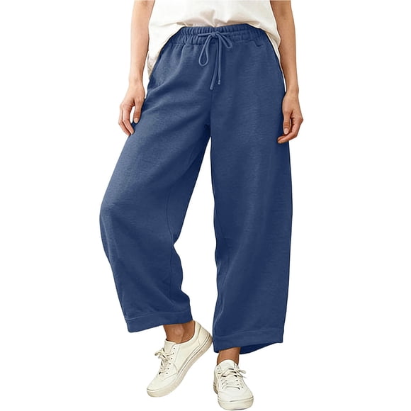 FRSASU Barrel Sweatpants Women Cropped Wide Leg Pants High Waisted Drawstring Casual Pants with Pockets Blue XXL(XXL)
