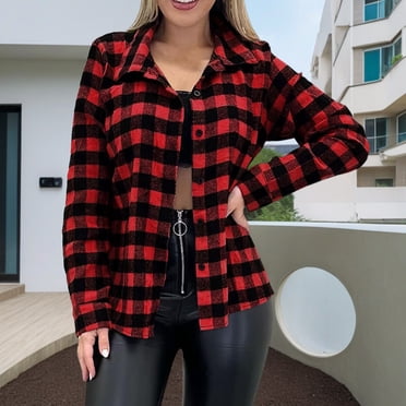 IMENGL Women's fashion long sleeve lapel plaid cardigan shirt top, Red M, Size M-XL