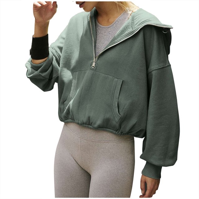 Penkiiy Chandail à Capuche pour Femmes Mode Chandail Col en V avec Poche Zippée Manches Longues Vert Armée Y2K Vêtements