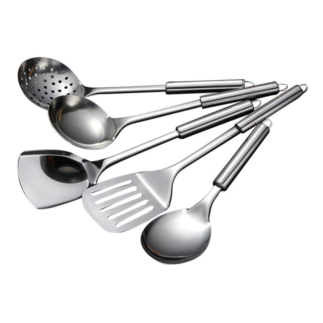 Ensemble de 5 Pcs d'Ustensiles de Cuisine en Acier Inoxydable Spatule Cuillère, Comprenant Cinq Ustensiles en Acier Inoxydable, Dont une Spatule Ajourée, une Cuillère Pleine, une Louche, une Cuillère Perforée et une Spatule Inclinée. Chaque Ustensile Présente une Finition Métallique Élégante et un Trou de Suspension pour un Rangement Pratique. Idéal pour Diverses Tâches de Cuisine et Conçu pour la Durabilité et une Organisation Peu Encombrante.