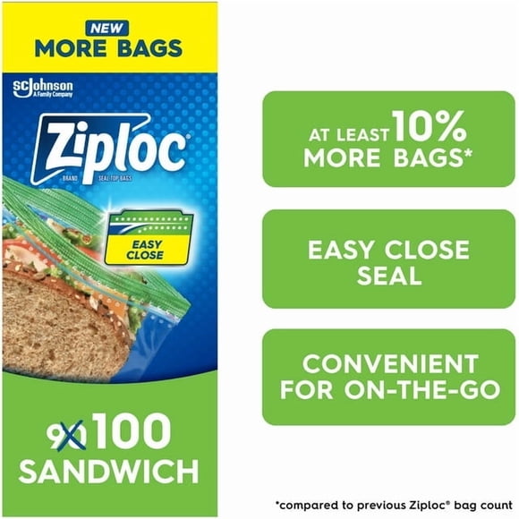Ziploc Sandwich Bags, Grip and Seal Top, 100 Bags