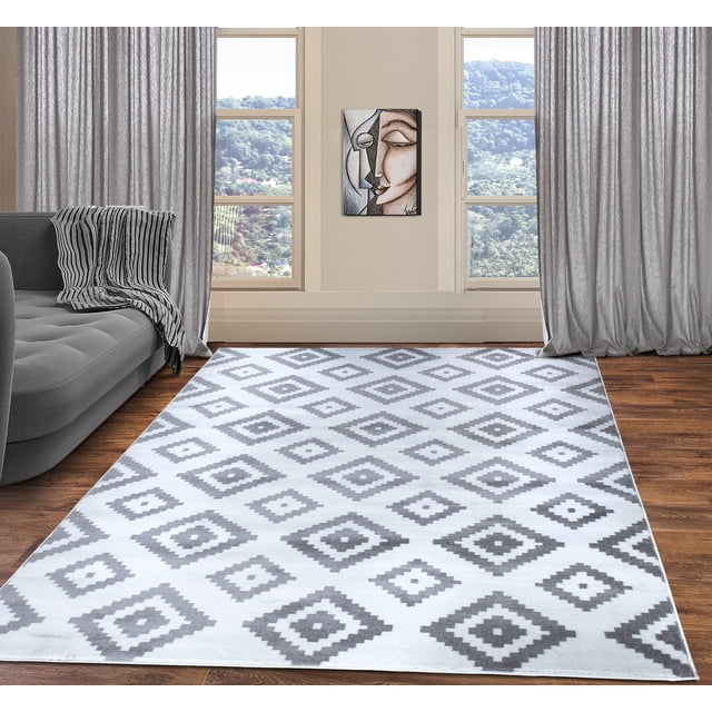 A2Z Trendy 7984 Contemporary Trellis Moroccan Transitional Pattern Large Accent White Silver Soft Area Rug Tapis Carpet