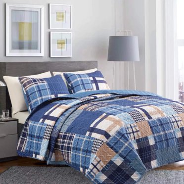 Couvre-lit patchwork à rayures bleues, ensemble de couette réversible léger et doux