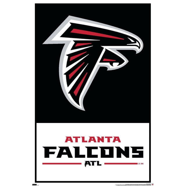 NFL Atlanta Falcons - Affiche Murale Logo 21, 22,375 Po x 34 Po Présentant un Logo des Atlanta Falcons Centré en Noir, Rouge, Blanc et Gris sur Fond Noir au-Dessus d'Un Texte Audacieux « Atlanta Falcons ATL » en Rouge et Noir sur un Panneau Blanc, Imprimée sur Papier d'Affiche Lustré pour des Oeuvres Murales Vibrantes et une Déco de Pièce, Convient aux Chambres, Bureaux Ou Dortoirs.