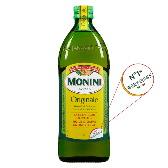Monini Originale Huile d'Olive Extra Vierge 1 L en Bouteille en Verre Vert Foncé avec Étiquette Jaune et Bouchon Vert, Importée d'Italie, Présentant des notes Fruitées et Herbacées Équilibrées, 0,4 % d'Acidité, et Convient à l'Utilisation Quotidienne des Huiles de Cuisson.