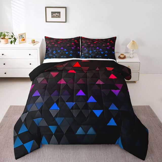 Erosebridal Ensembles de Couettes à Triangles Dégradés Format Double, Couettes et Duvets Rouges et Bleus, Déco de Chambre Géométrie, 3 Pcs
