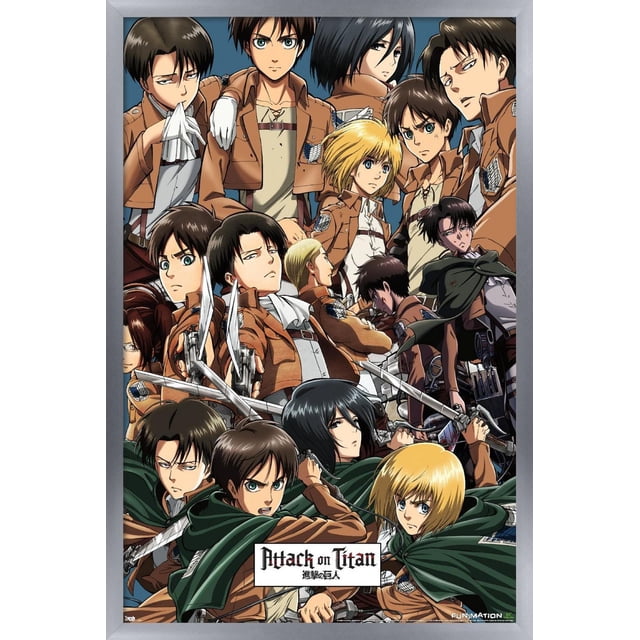 Attack on Titan - Collage Wall Poster, 22.375" x 34" depicting multiple anime characters in brown Survey Corps jackets and green cloaks, wielding swords and maneuver gear, arranged against a blue background with the Attack on Titan logo centered at the bottom, suitable for anime room decor or fan collections.