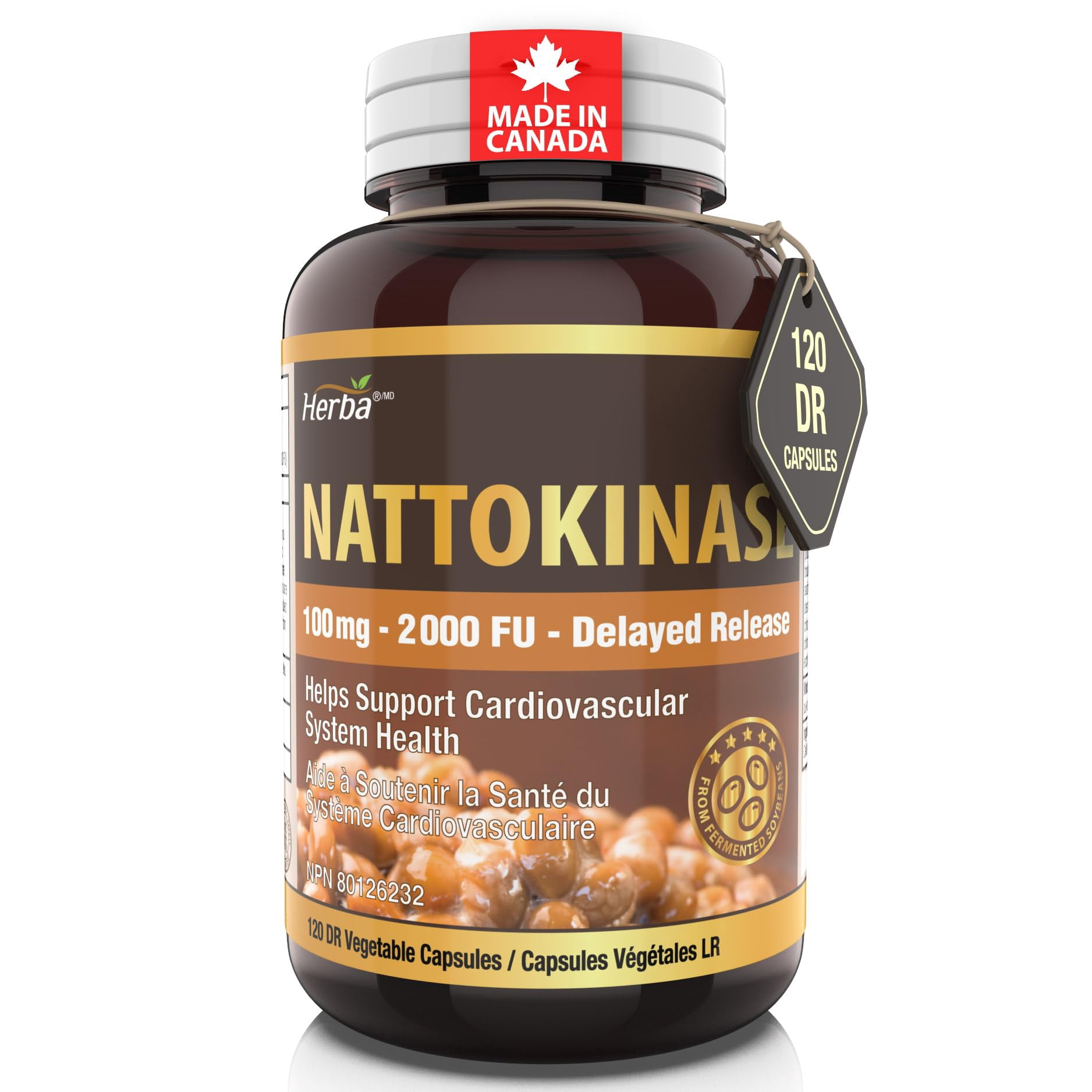 Herba Nattokinase Supplement 2000 FU – 100mg, 120 Delayed Release Capsules | Made in Canada