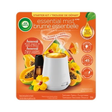 Air Wick Essential Mist Diffuser Starter Kit – Portable Battery Operated Essential Oil Diffuser, Adjustable Mist Settings – Hawaii Scent – Includes Diffuser, Refill & Batteries