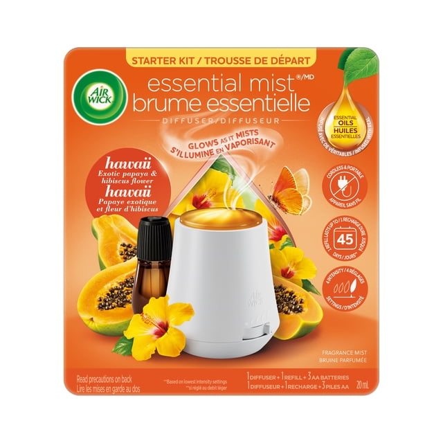 Air Wick Essential Mist Diffuser Starter Kit – Portable Battery Operated Essential Oil Diffuser, Adjustable Mist Settings – Hawaii Scent – Includes Diffuser, Refill & Batteries