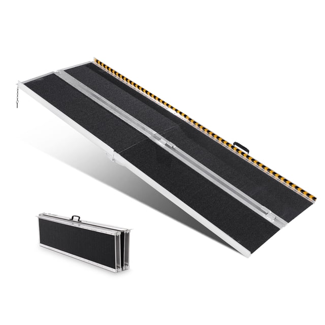 VEVOR Portable Wheelchair Ramp, 8 ft long with an 800 lbs capacity, shown in an unfolded position with a non-slip aluminum surface and reflective edges for enhanced visibility. The ramp features a foldable design with a convenient carry handle, making it suitable for mobility scooters, wheelchairs, and walkers. A compact folded view is also displayed, highlighting its portability and space-saving design.
