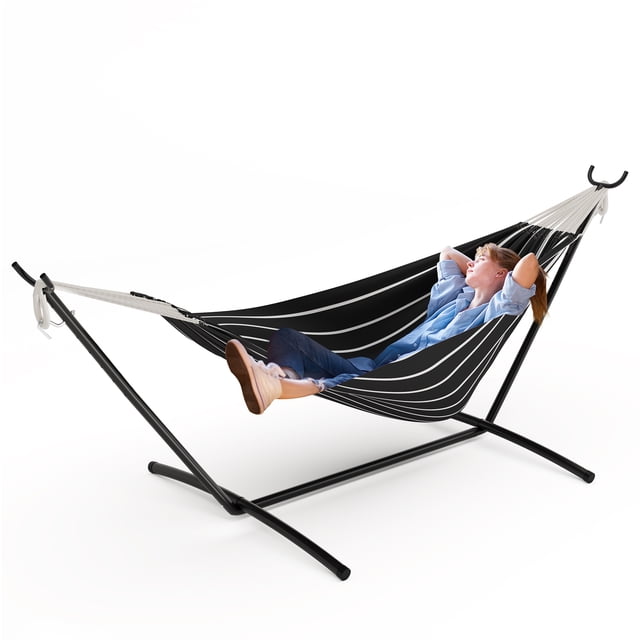 BeesClover Hamac Double Bleu avec Support, Hamac en Coton Portable Robuste de 450 Lb pour 2 Adultes, Ensemble de Hamacs Autoportant Intérieur Extérieur avec Support en Acier et Sac de Transport