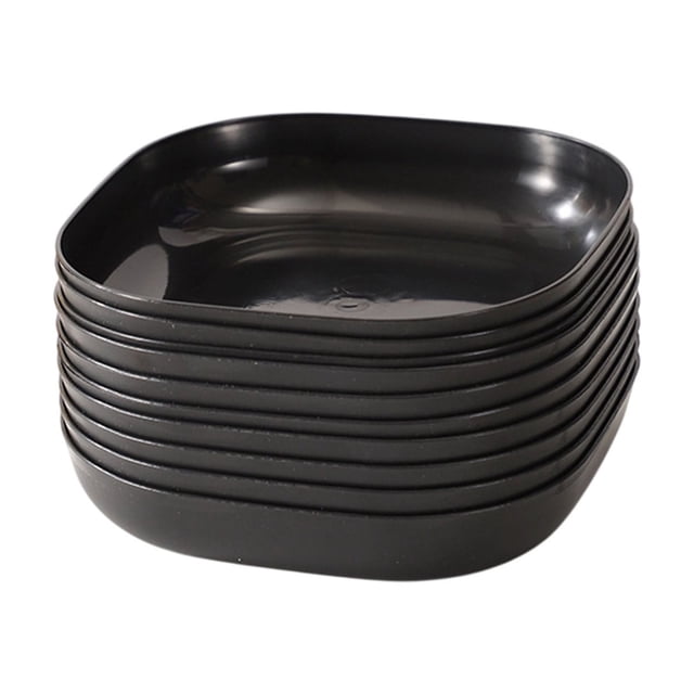 14.5cm round dinner plate in black, crafted from lightweight, shatterproof plastic. This reusable tableware is dishwasher and microwave safe, featuring a stackable design ideal for kitchen or camping use. Dimensions are 5.7 inches by 5.7 inches.