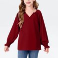 thumbnail image 2 of MeetoTime Girls Solid Color Loose Puff Sleeve Long Sleeve V-neck Top Spring Fall Kids Shirt 6-16 Years, 2 of 7