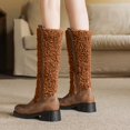 thumbnail image 2 of Womens Fleece Mid Calf Winter Combat Boots Fashion Plush Leather Patchwork Chunky Heel Knee High Riding Tall Boots, 2 of 6